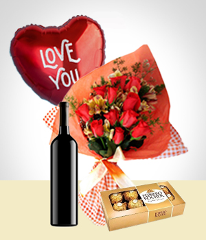 Tortas y Chocolates - Combo Inspiracin: Bouquet de 12 Rosas + Globo + Vino + Chocolates